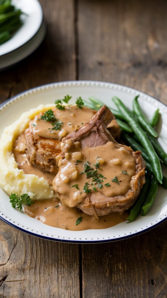 A serving of tender pork chops smothered in onion gravy, paired with creamy mashed potatoes and green beans