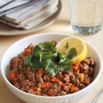 the finished Whole30 ground beef crockpot dish served in a white bowl