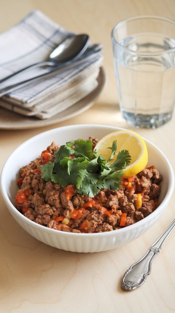 the finished Whole30 ground beef crockpot dish served in a white bowl