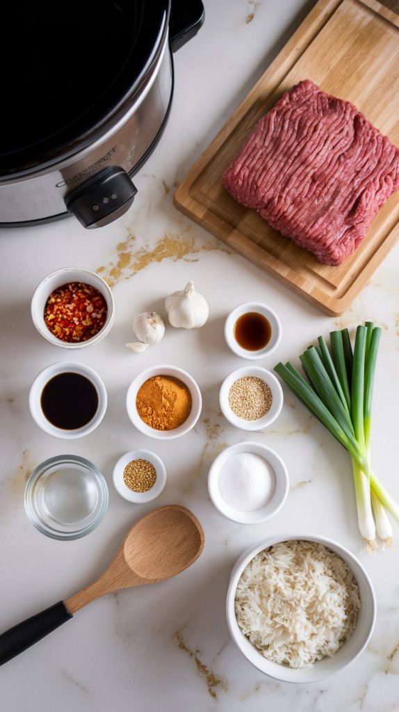 all the ingredients for an Asian ground beef crockpot recipe