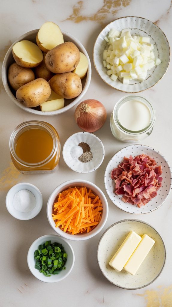 Top-down shot of all ingredients for crockpot-loaded baked potato soup