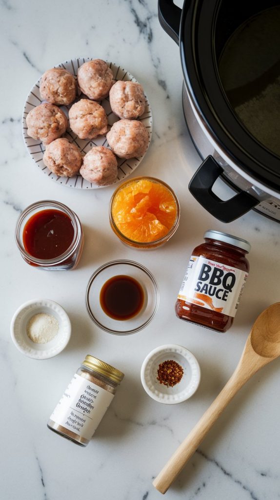 All the ingredients for Crockpot Orange Marmalade Meatballs arranged on a white marble countertop with hints of gold