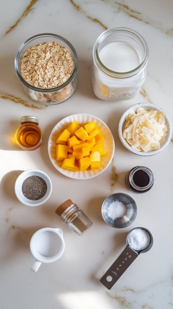 All the ingredients for Tropical Coconut Mango Oatmeal