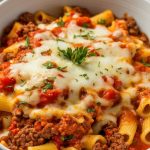 A white bowl filled with Crockpot Ground Beef and Pasta