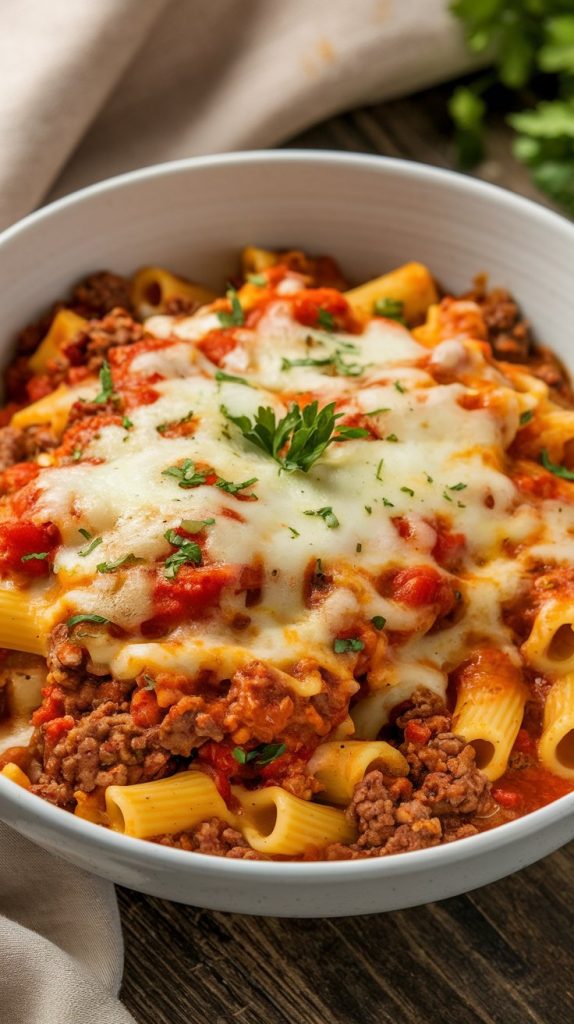 A white bowl filled with Crockpot Ground Beef and Pasta