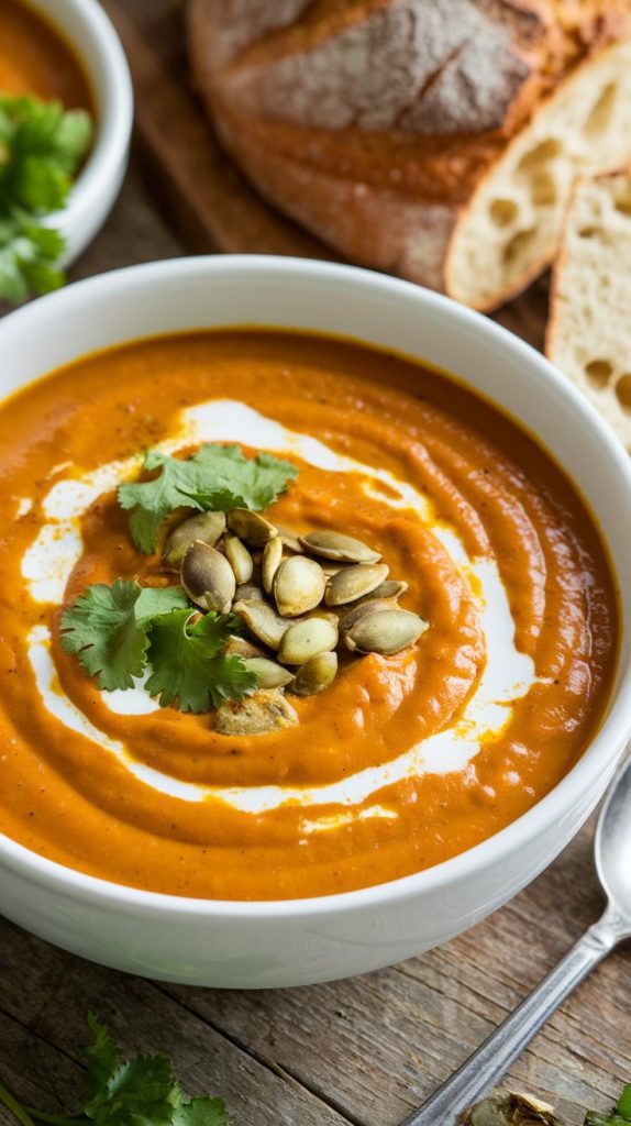 a bowl of Crockpot Pumpkin Curry Soup, garnished with cilantro, roasted pumpkin seeds