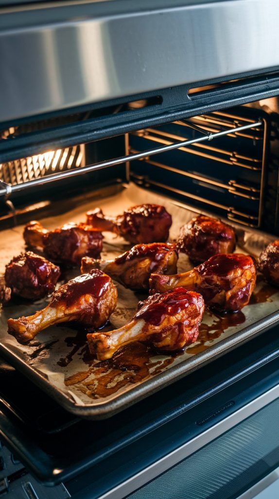 BBQ drumsticks on a baking sheet under the broiler, edges caramelizing beautifully with extra sauce brushed on top