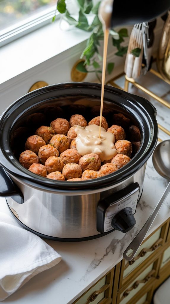 Meatballs arranged in a crockpot with creamy gravy poured over them