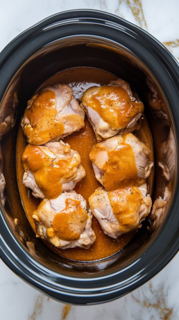 Chicken thighs arranged in a slow cooker with sauce poured over them