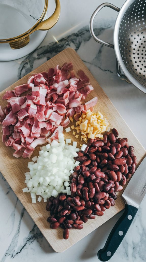 Chopped bacon, diced onions, minced garlic, and rinsed pinto beans