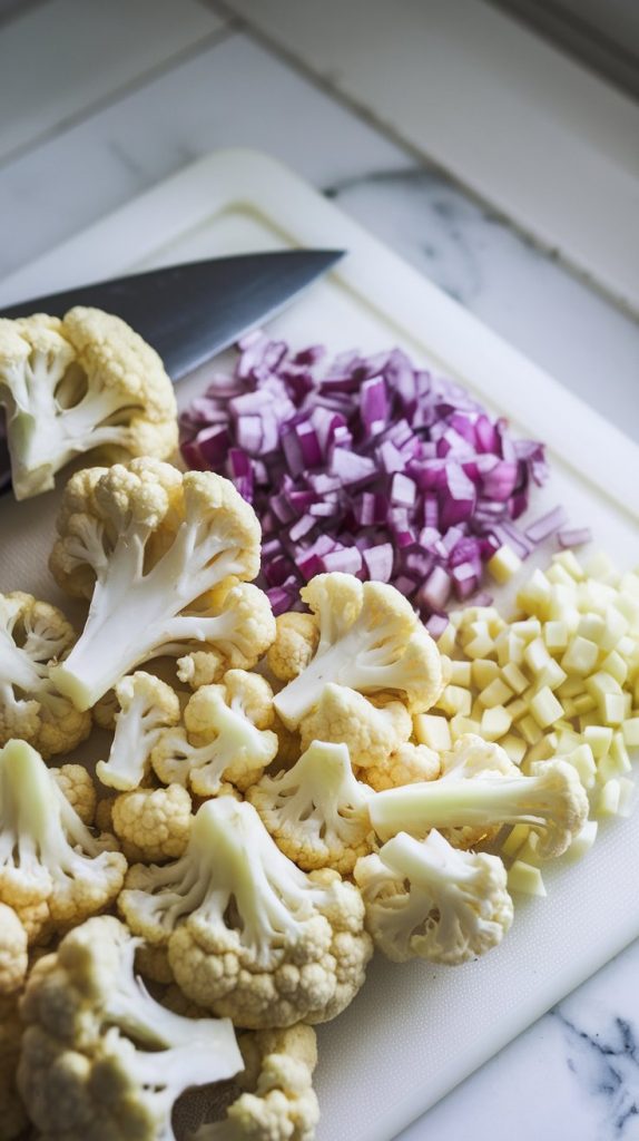 Chopped cauliflower florets, diced onion, and minced garlic