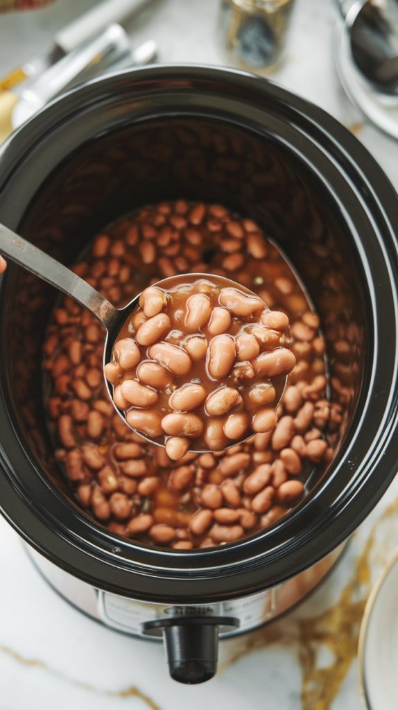 Cooked pinto beans in the slow cooker, perfectly tender and seasoned