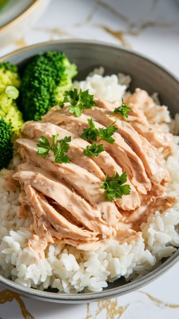 A beautiful serving of creamy shredded ranch chicken placed over a bed of fluffy white rice in a shallow bowl