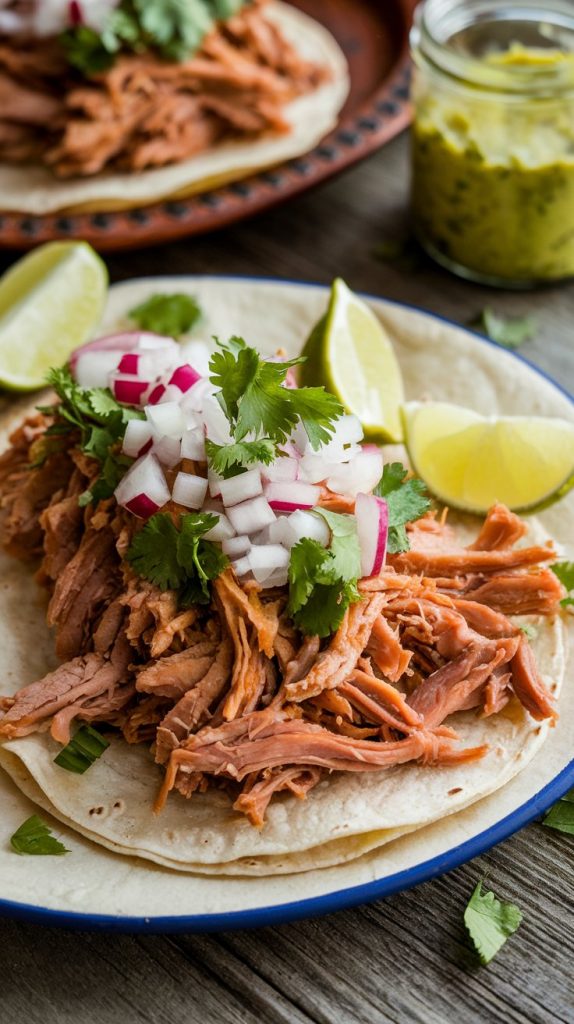 Crispy shredded carnitas loaded into warm tortillas with toppings like cilantro