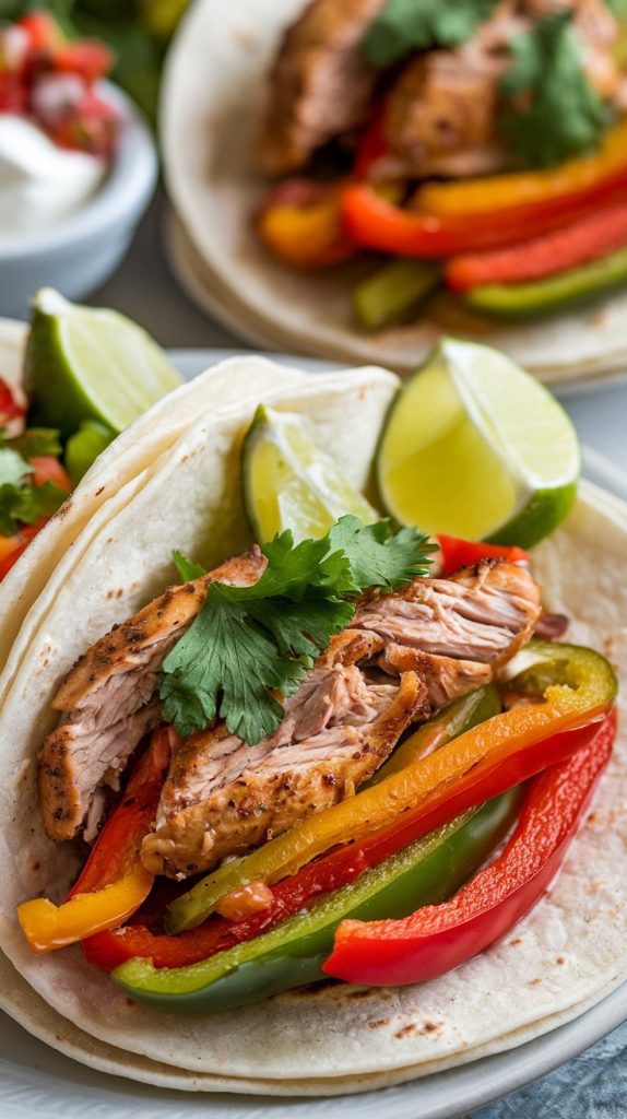 soft flour tortillas filled with juicy shredded chicken, caramelized bell peppers, onions, and tomatoes