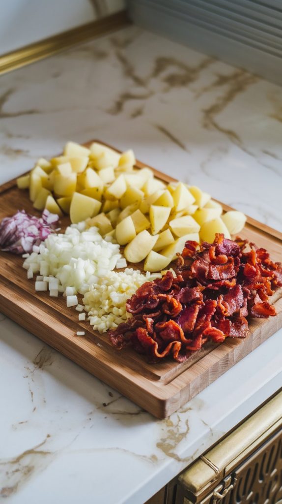 Diced potatoes, chopped onions, minced garlic, and crispy crumbled bacon