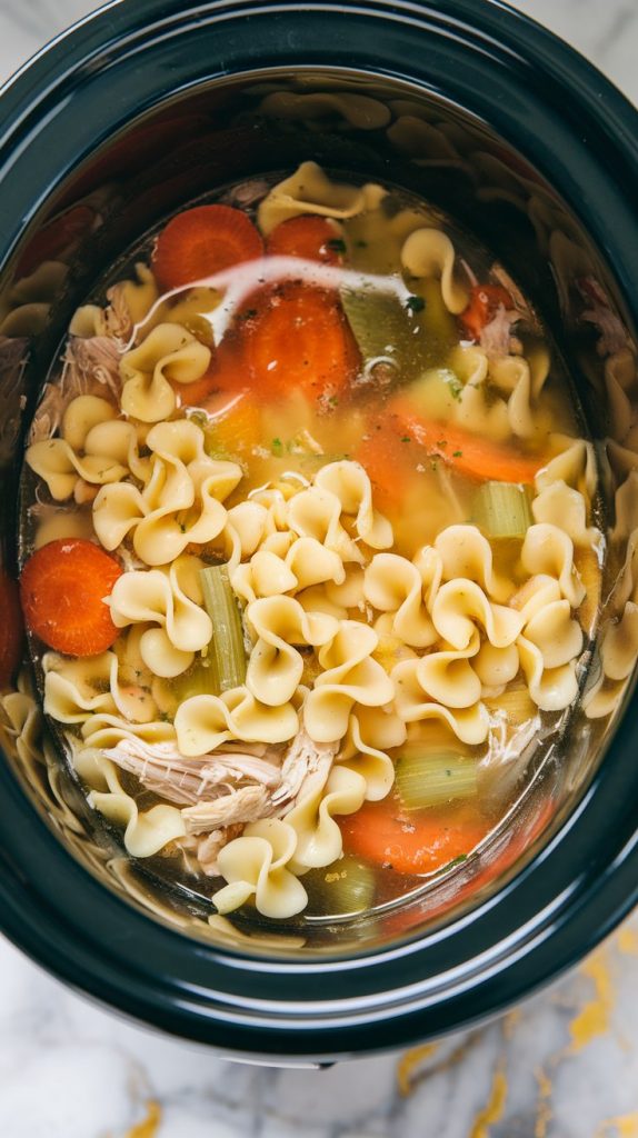 Egg noodles being added to the crockpot filled with soup