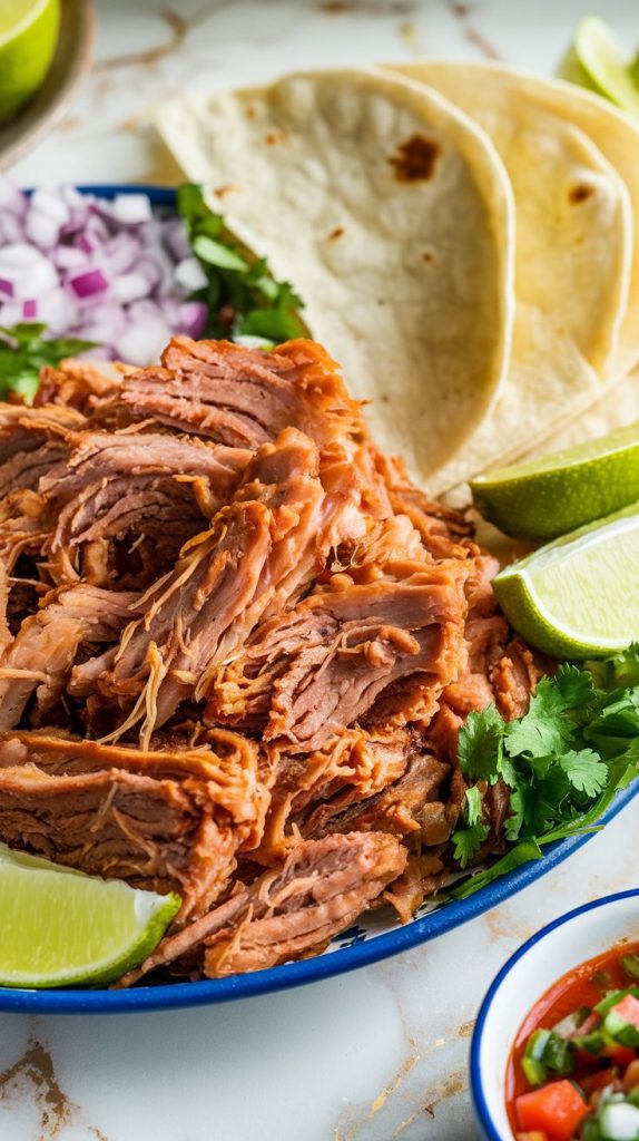 Plate of shredded, crispy carnitas served with tortillas, lime wedges, diced onions, fresh cilantro