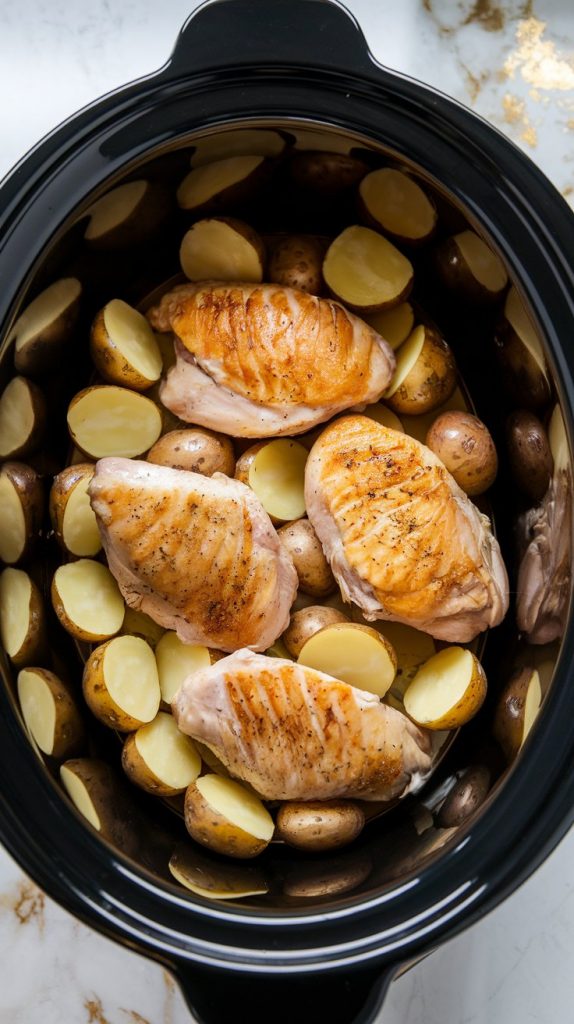 Golden chicken breasts placed on top of halved baby potatoes in a black crockpot