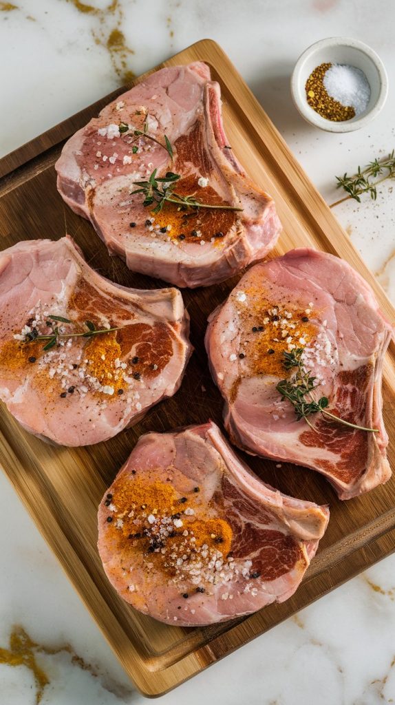 Four pork chops seasoned with a blend of spices (salt, pepper, onion powder, garlic powder, thyme, paprika)