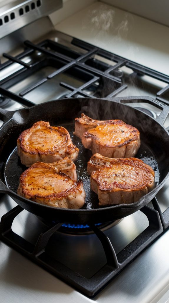 Four pork chops sizzling in a cast iron skillet with olive oil