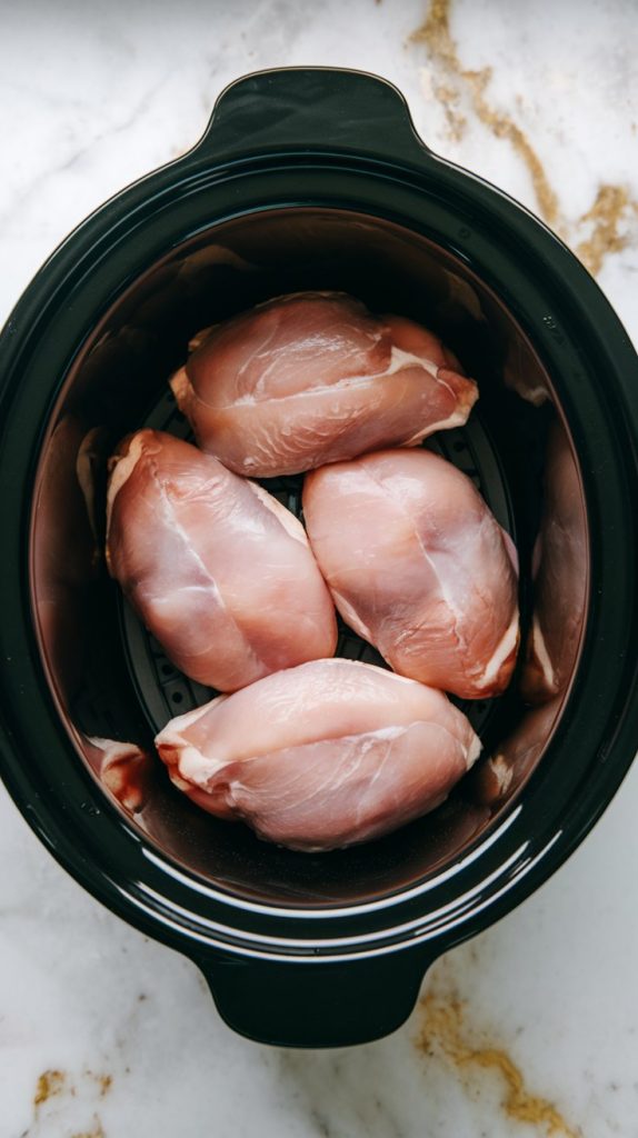 Four raw chicken breasts arranged in the bottom of a black Crockpot