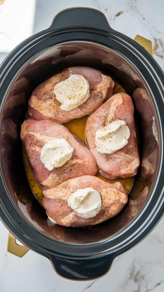 Chicken breasts laid flat in a crockpot, topped with ranch seasoning, garlic powder