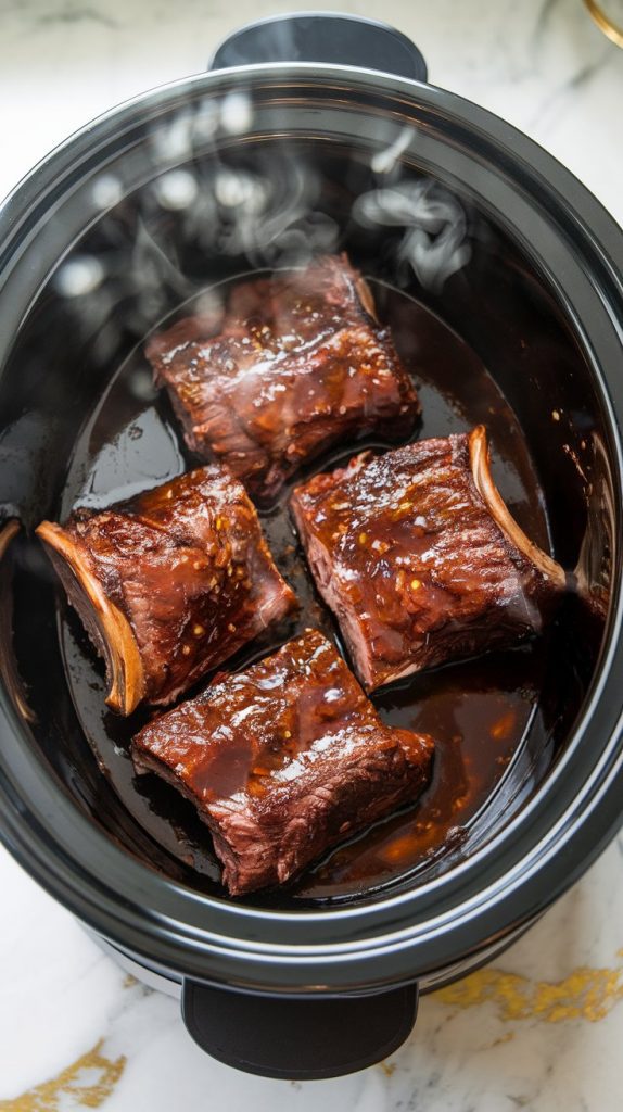 Beef short ribs fully cooked and simmering in a rich, dark Korean BBQ sauce inside a crockpot