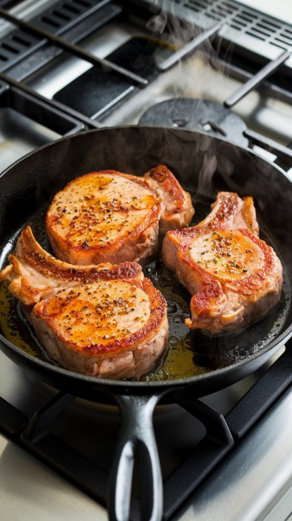 Golden pork chops being seared in a skillet with olive oil