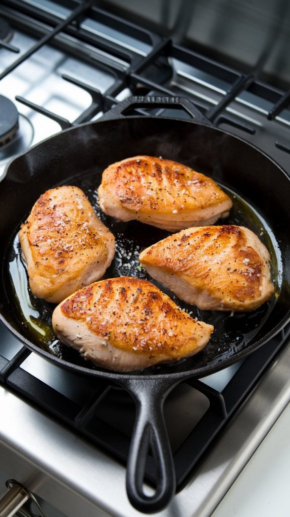 Golden seared chicken breasts sizzling in a cast iron skillet with olive oil