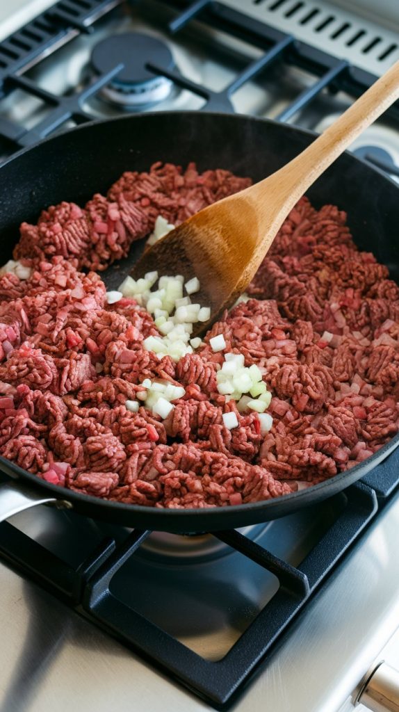 Ground beef cooking in a black skillet with diced onion and minced garlic