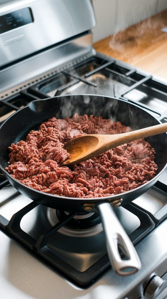 Ground beef browning in a large non-stick skillet on a modern stainless steel gas stove