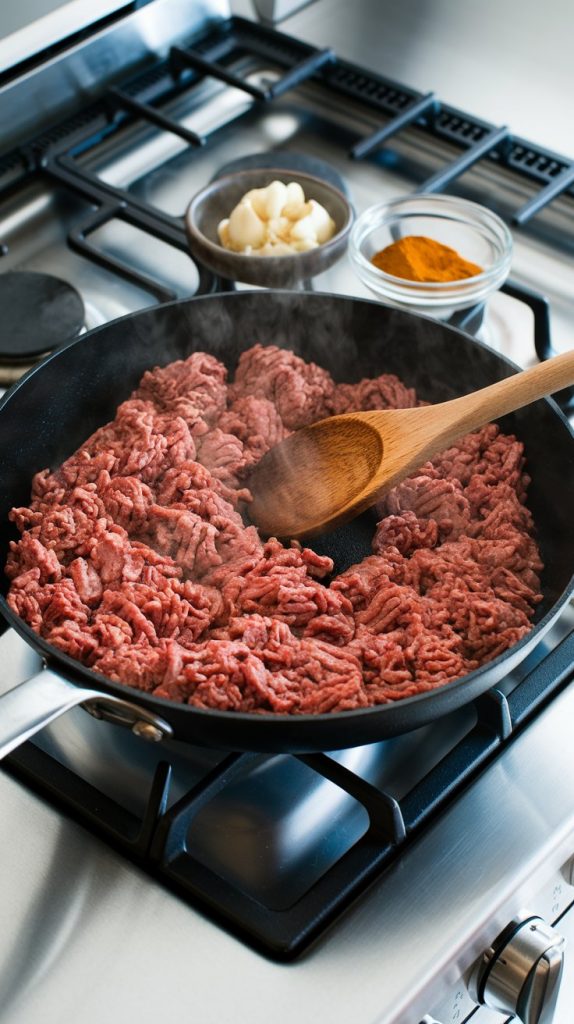 ground beef cooking in a non-stick skillet on a modern stainless steel gas stove