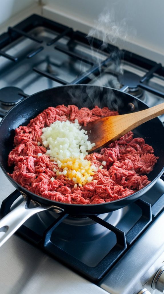 Ground beef, diced onion, and minced garlic sizzling in a skillet