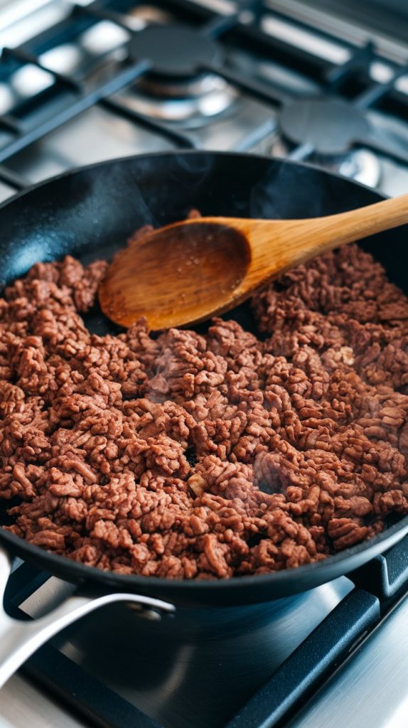 Ground beef sizzling in a skillet, browned and crumbly