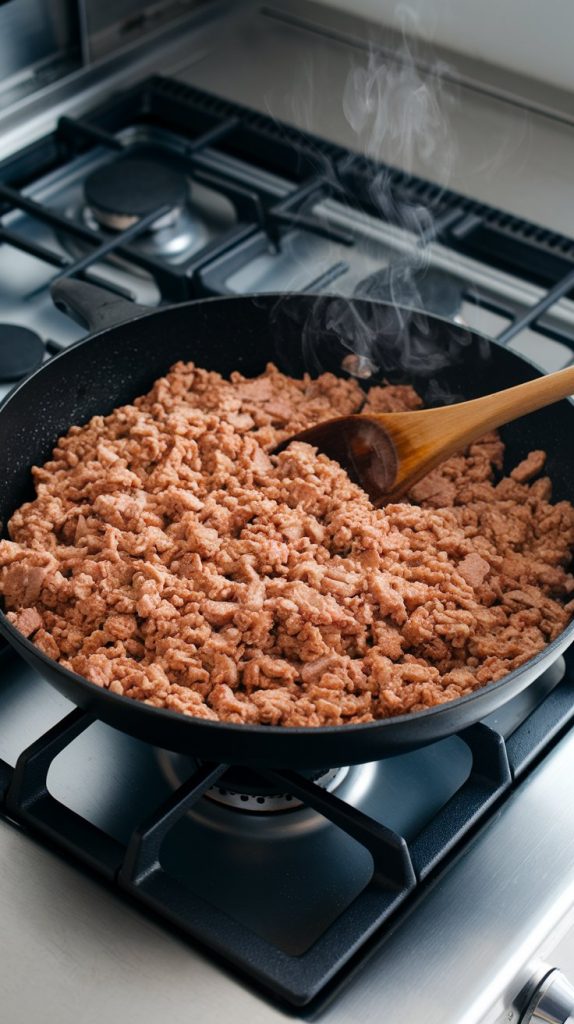 Ground turkey browning in a large skillet, being stirred with a wooden spoon