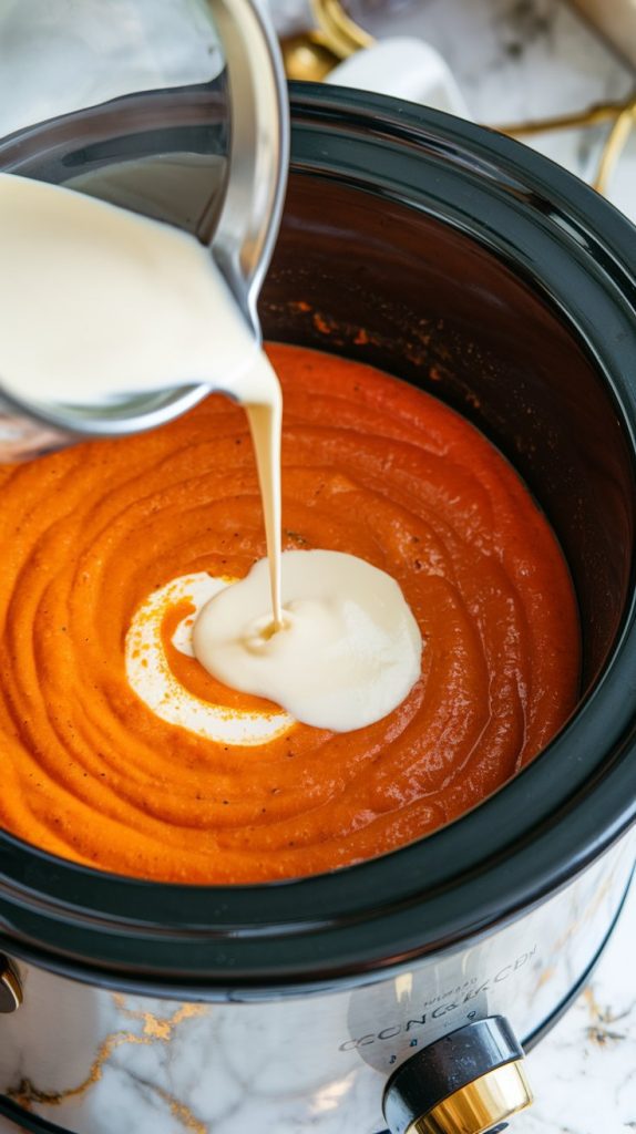 cream being poured into blended tomato basil soup in the crockpot