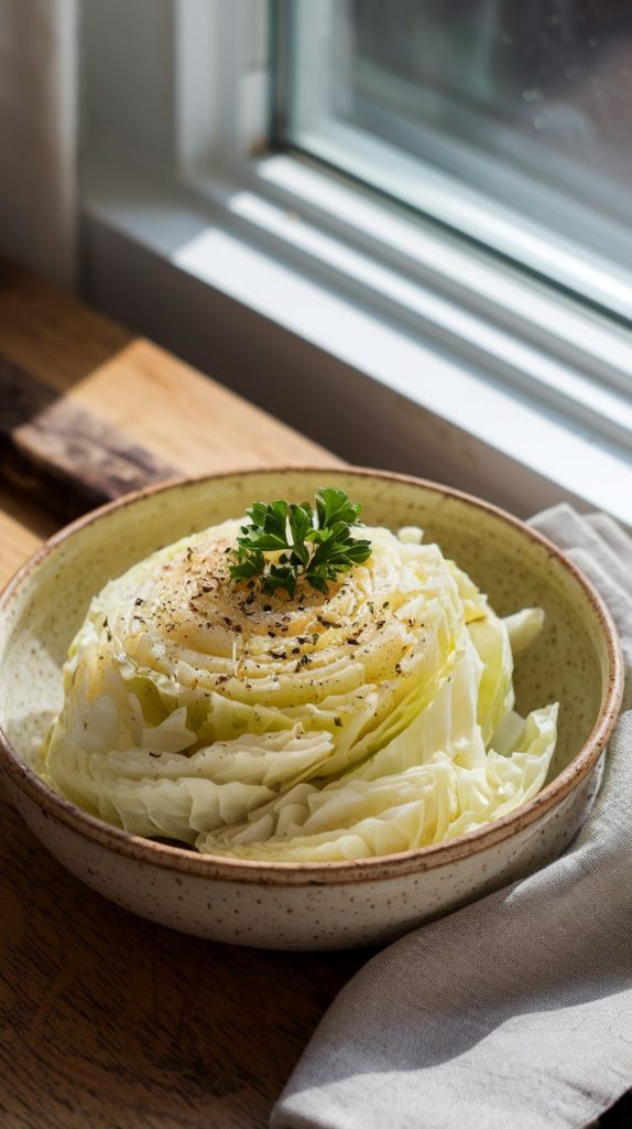 Perfectly cooked buttered cabbage served in a rustic white ceramic bowl