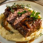 Plated garlic herb short ribs served with creamy mashed potatoes