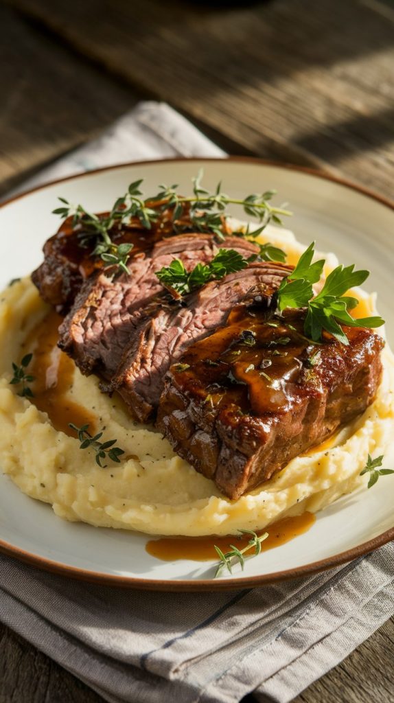 Plated garlic herb short ribs served with creamy mashed potatoes