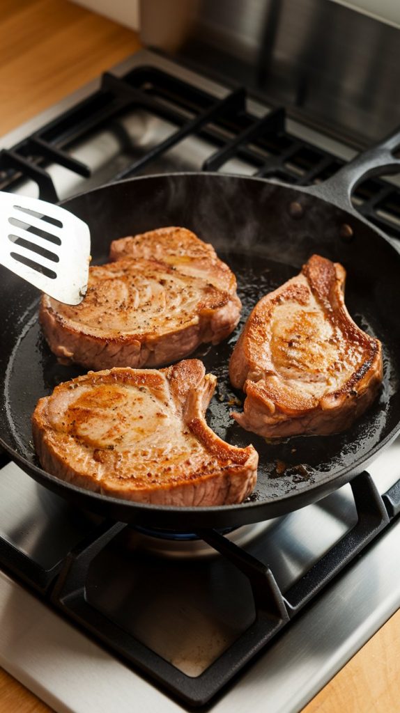 Pork chops being seared in a hot skillet with melted butter bubbling around them