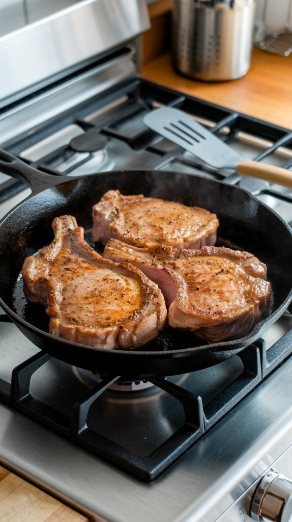 pork chops sizzling in a cast iron skillet with a golden crust forming