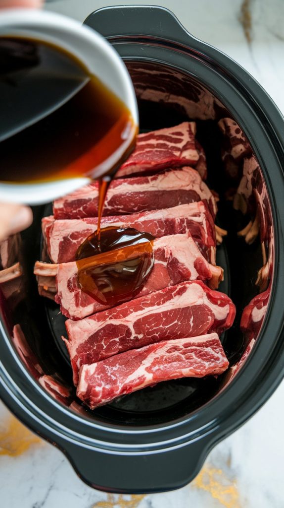 Raw beef short ribs arranged in a crockpot, with a glossy marinade of soy sauce, brown sugar, garlic, ginger, and sesame oil