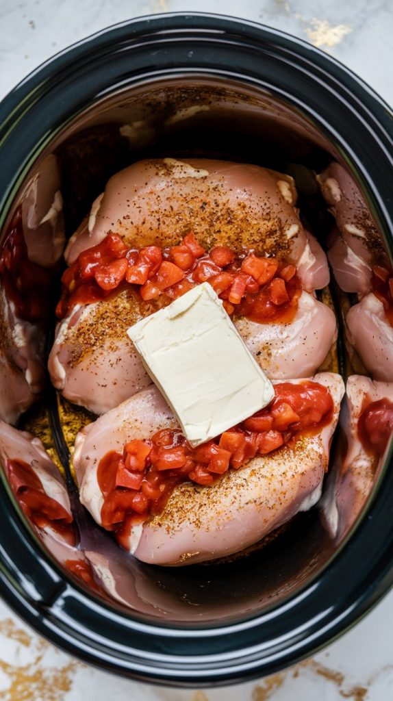 Raw boneless chicken breasts in a crockpot, sprinkled with taco seasoning