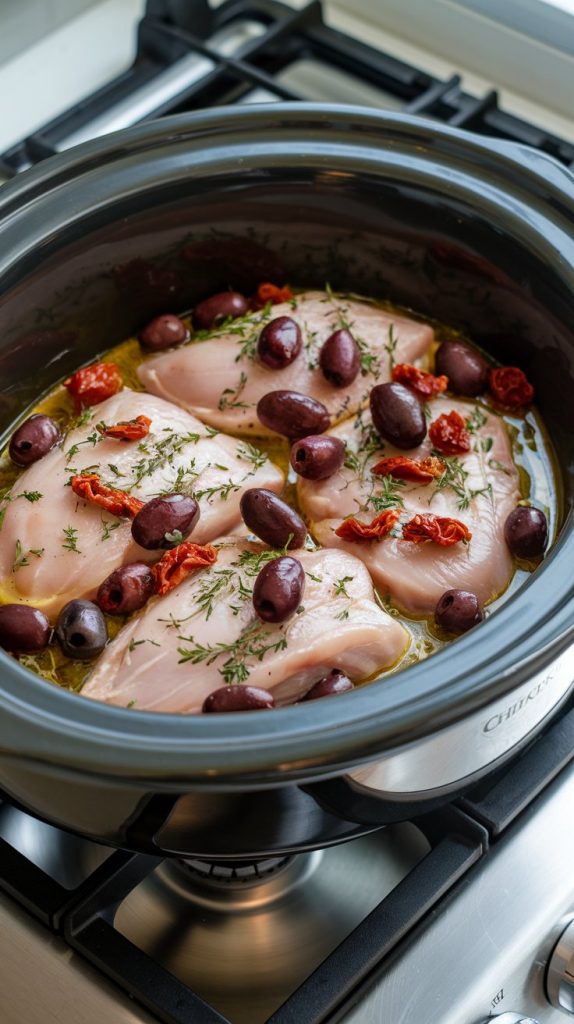 raw chicken breasts in a crockpot, covered in a lemon-herb marinade, with kalamata olives and sun-dried tomatoes scattered on top