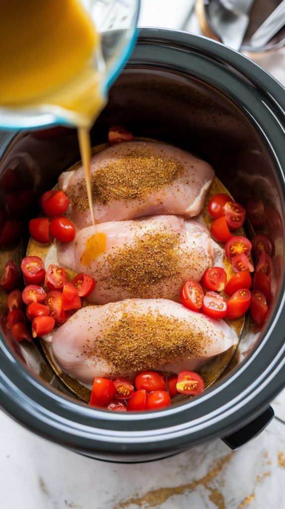 raw chicken breasts in a crockpot, sprinkled with taco seasoning