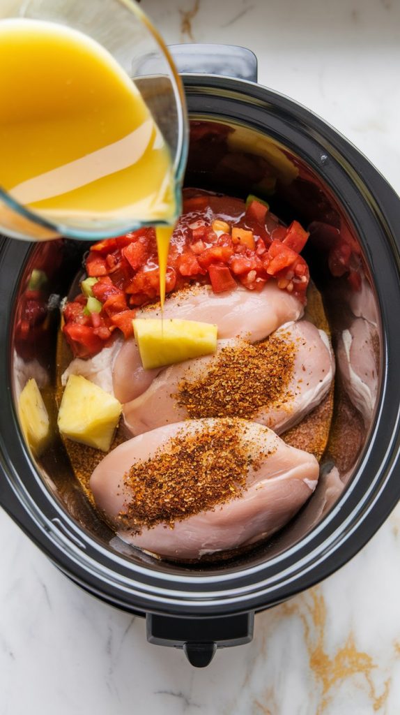 raw chicken breasts in a slow cooker with taco seasoning, salsa, chicken broth, and pineapple juice poured on top