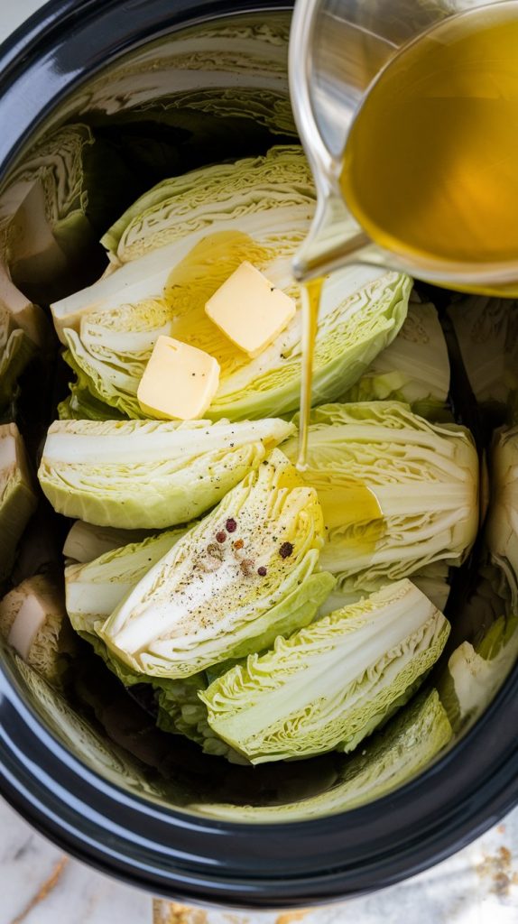 Chunks of butter, drizzles of olive oil, and a sprinkle of salt and pepper over raw green cabbage wedges in a crockpot