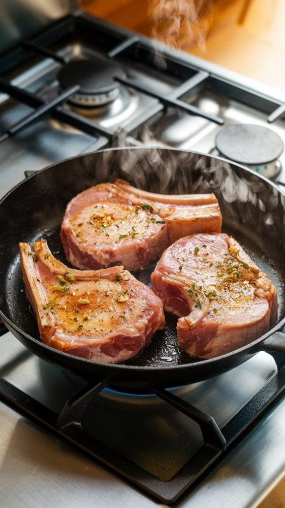 Raw pork chops being seared in a hot skillet with olive oil