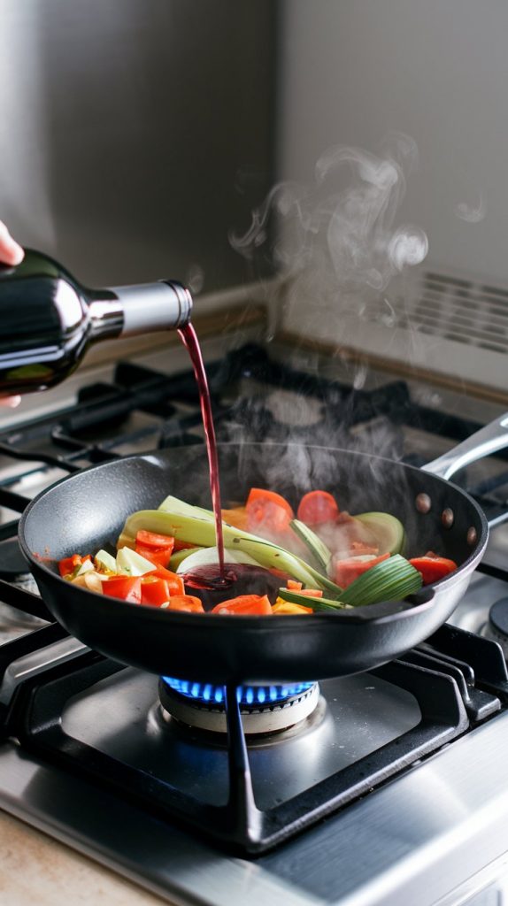 Red wine being poured into a skillet with sautéed vegetables, steam rising as it deglazes the pan